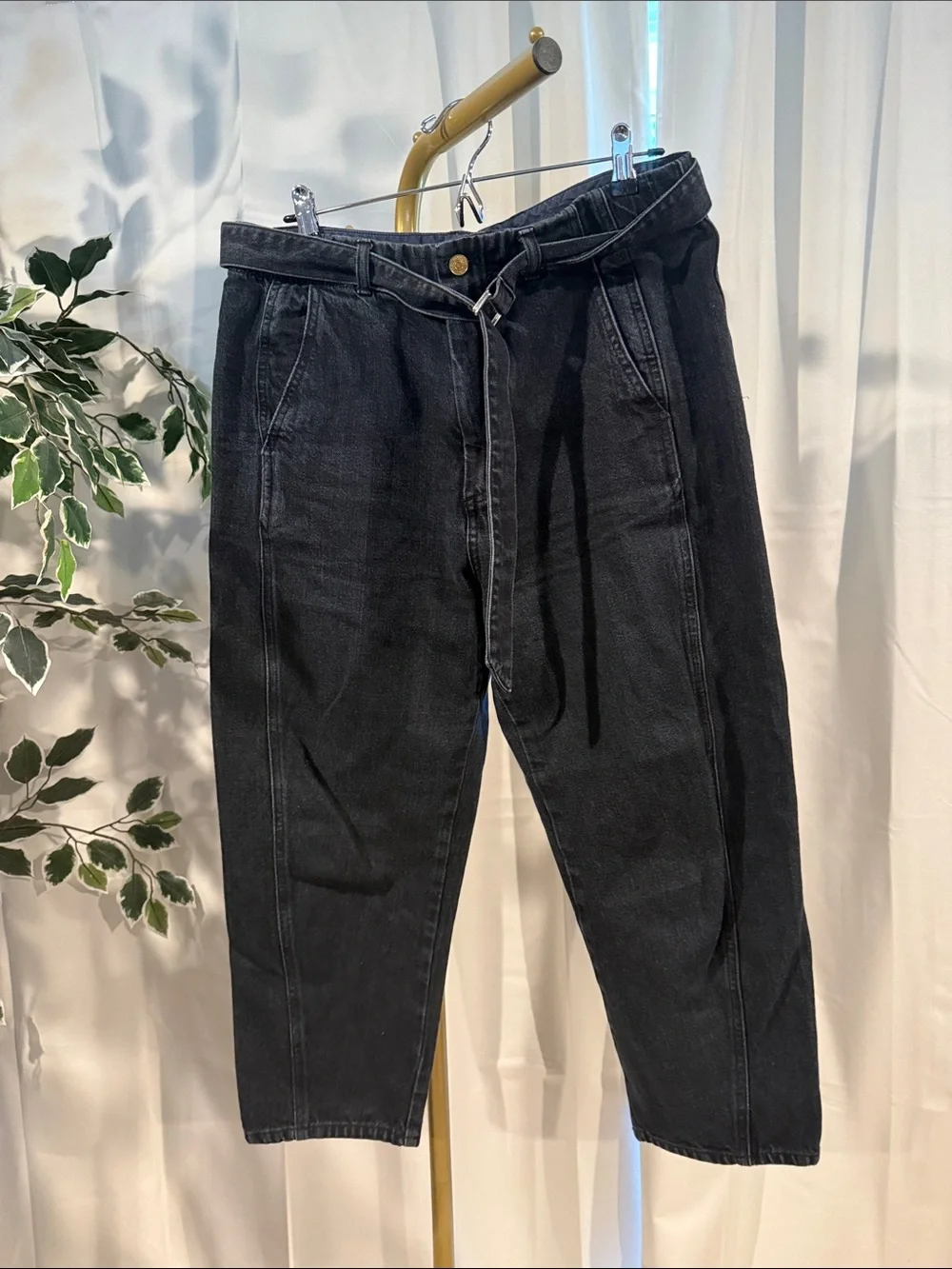 Roucha Delen Denim Vintage Black Relaxed Black Jeans with Built-In Belt